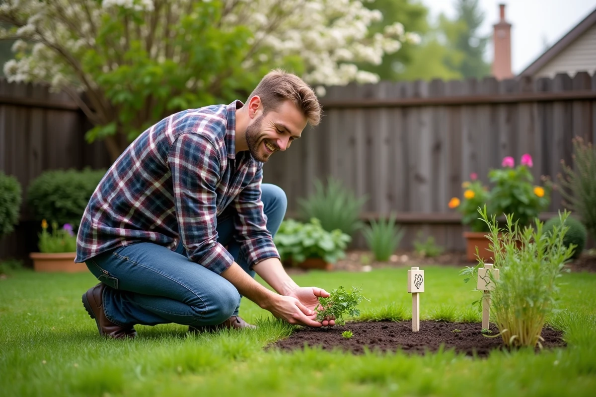 Jeune homme semant des graines de persil dans le jardin