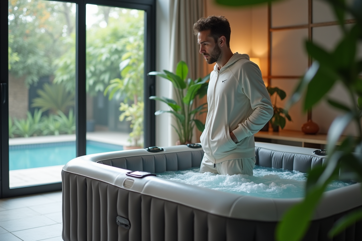 Jeune homme surveillant le spa gonflable dans un intérieur moderne