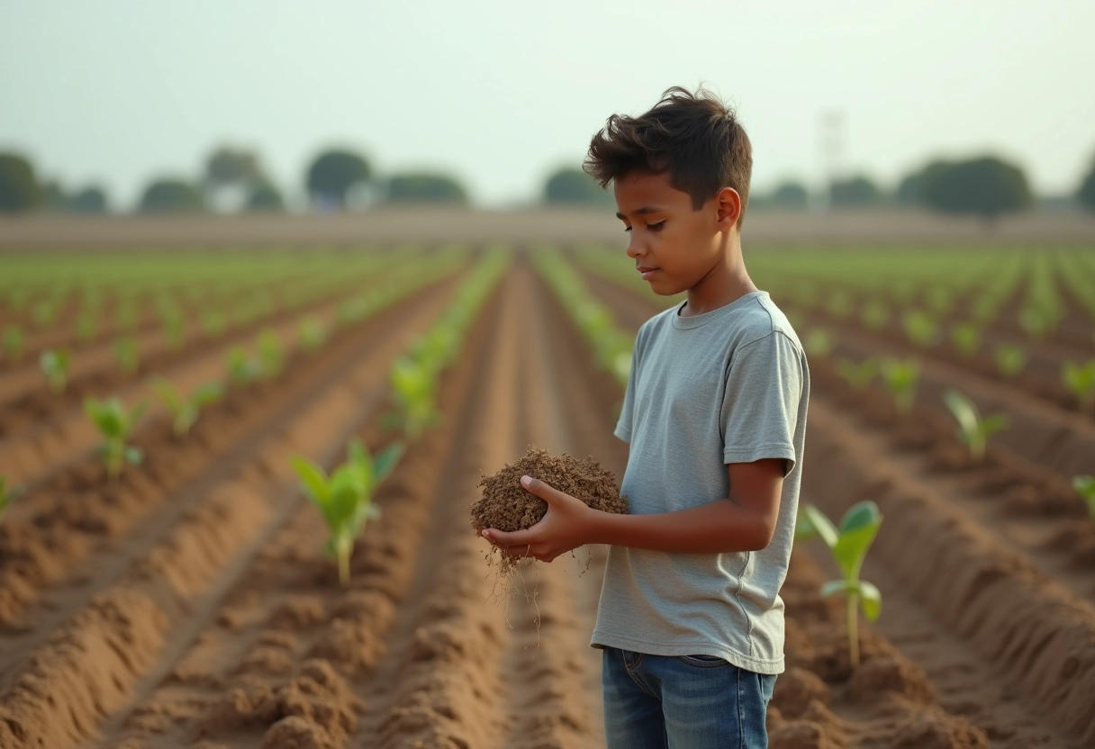Jeune garçon examinant la terre dans un champ cultivé