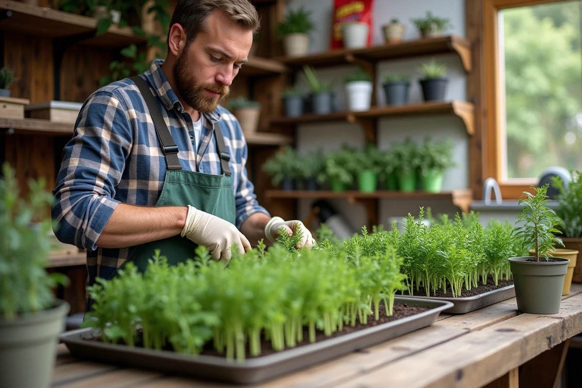 Jeune homme arrangeant des branches de laurier dans un atelier