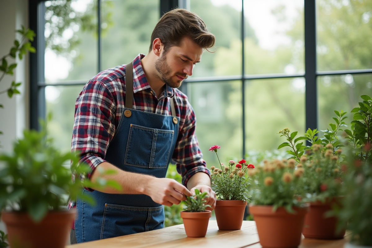 Jeune homme en tablier taille des plantes en intérieur lumineux