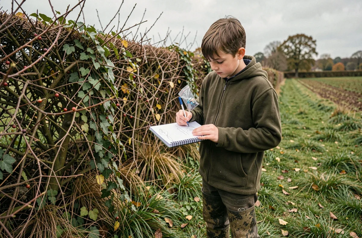 Adolescent naturaliste prenant des notes dans un carnet de terrain au bord d'une haie rurale lors d'une observation de traces de hérisson