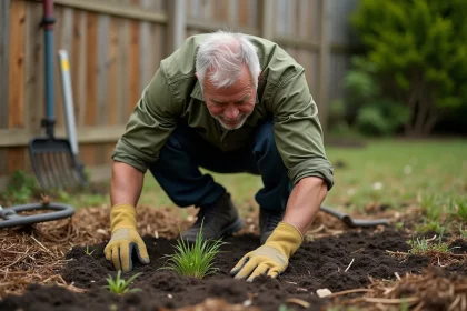 Homme examinant une jeune pelouse nouvellement semée avec des pousses d'herbe éparses sur sol humide dans un jardin