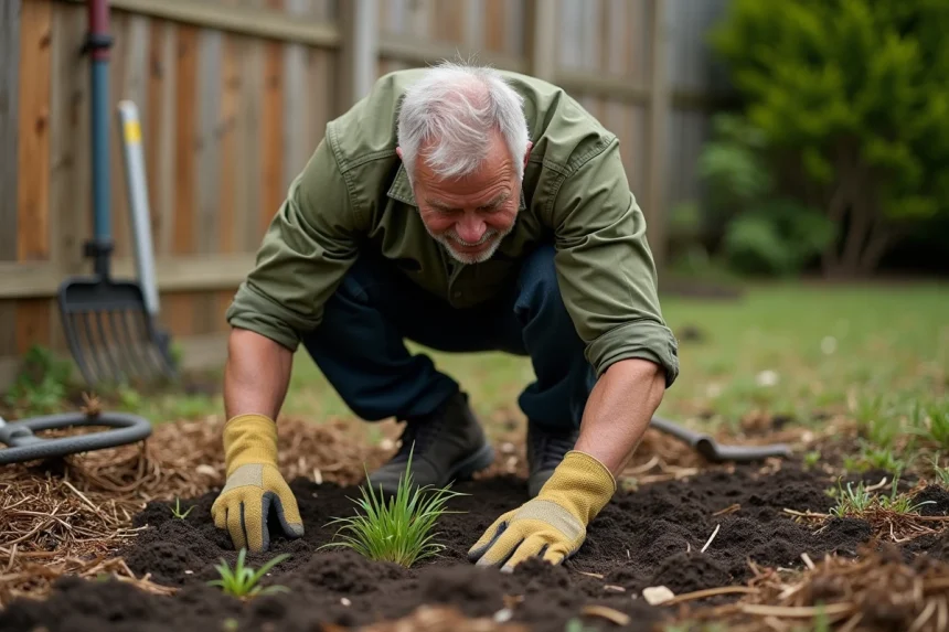 Homme examinant une jeune pelouse nouvellement semée avec des pousses d'herbe éparses sur sol humide dans un jardin