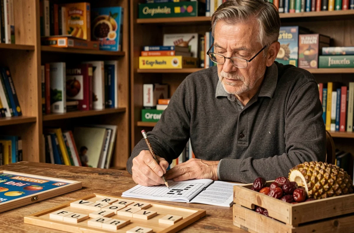 Homme âgé concentré sur des mots croisés entouré de jeux de société et de fruits en J dans une bibliothèque