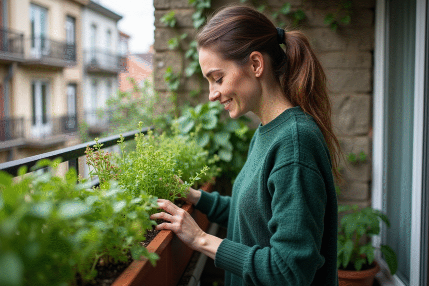 Femme prunant des herbes sur balcon urbain ensoleille