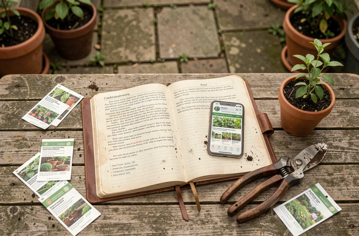 Journal de jardinage ouvert avec smartphone affichant des avis Jardinot.org, ambiance planification au jardin