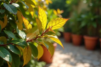 Feuilles jaunes sur un laurier rose en plein air, contraste entre feuillage sain et feuilles jaunissantes