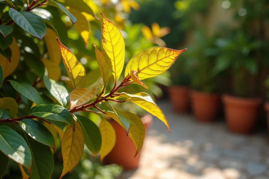 Feuilles jaunes sur un laurier rose en plein air, contraste entre feuillage sain et feuilles jaunissantes