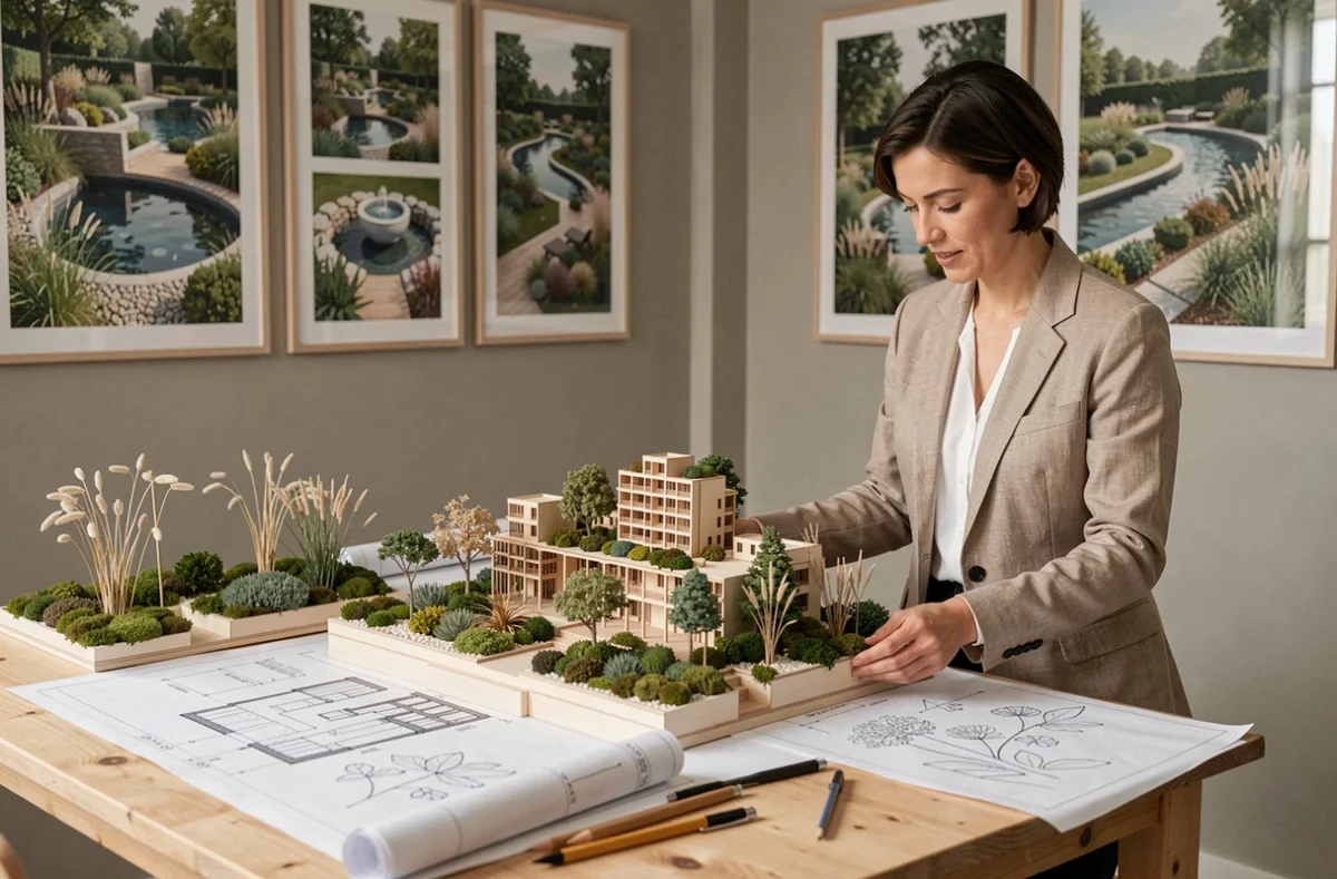 Architecte paysagiste de LDRP Architecture et Design étudiant une maquette de jardin urbain contemporain dans son atelier parisien