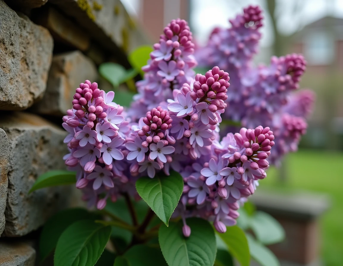 Lilas commun Syringa vulgaris avec grappes de fleurs violet-mauve devant un mur de pierre moussu