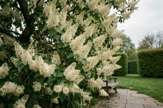 Lilas du Japon en pleine floraison dans un jardin public avec panicules blanc crème et chemin en pierre