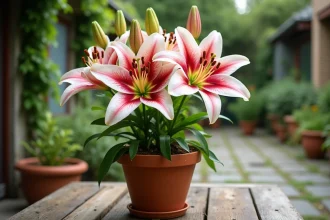 Lys oriental en fleur dans un pot en terre cuite posé sur une table de jardin en bois, avec des pétales roses et blancs tachetés de brun et des étamines bien visibles