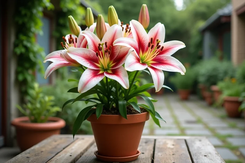 Lys oriental en fleur dans un pot en terre cuite posé sur une table de jardin en bois, avec des pétales roses et blancs tachetés de brun et des étamines bien visibles