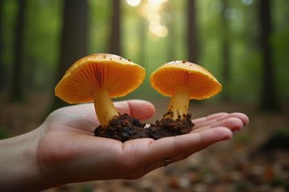 Main main tenant une chanterelle vraie et une fausse dans la forêt