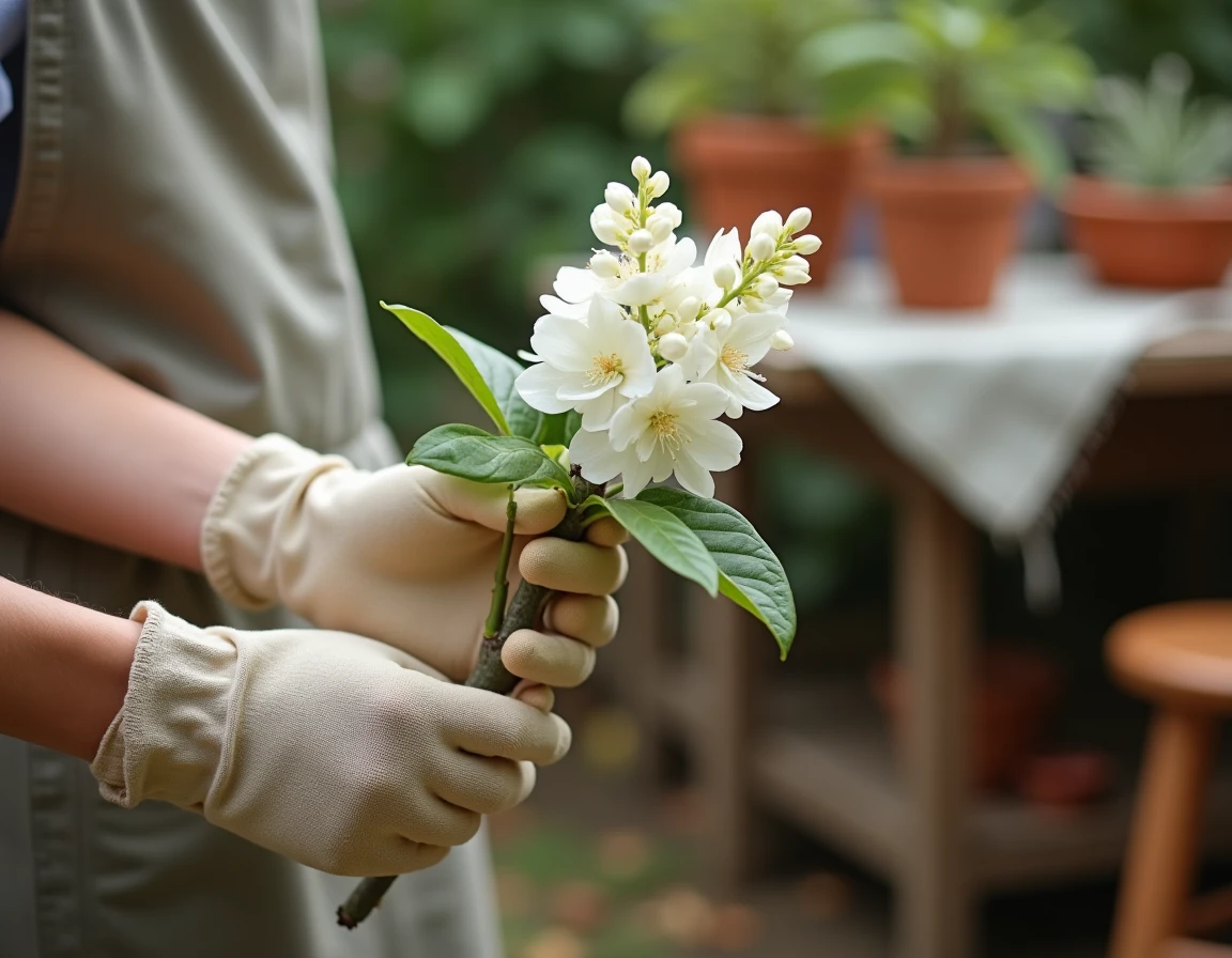 Mains gantées tenant une branche fleurie de lilas du Japon sur un établi de jardinage en bois patiné