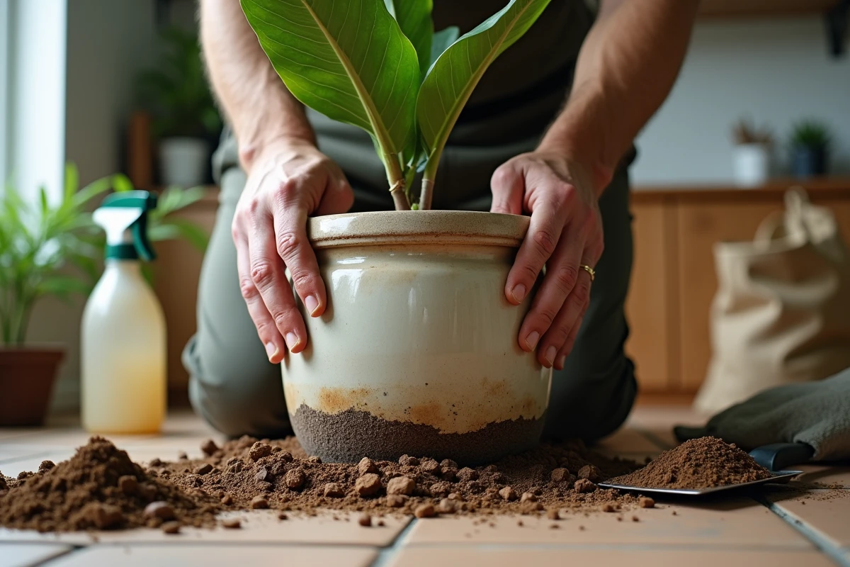 Gros plan sur des mains masculines tassant du terreau autour d'un ficus lyrata lors d'un rempotage intérieur