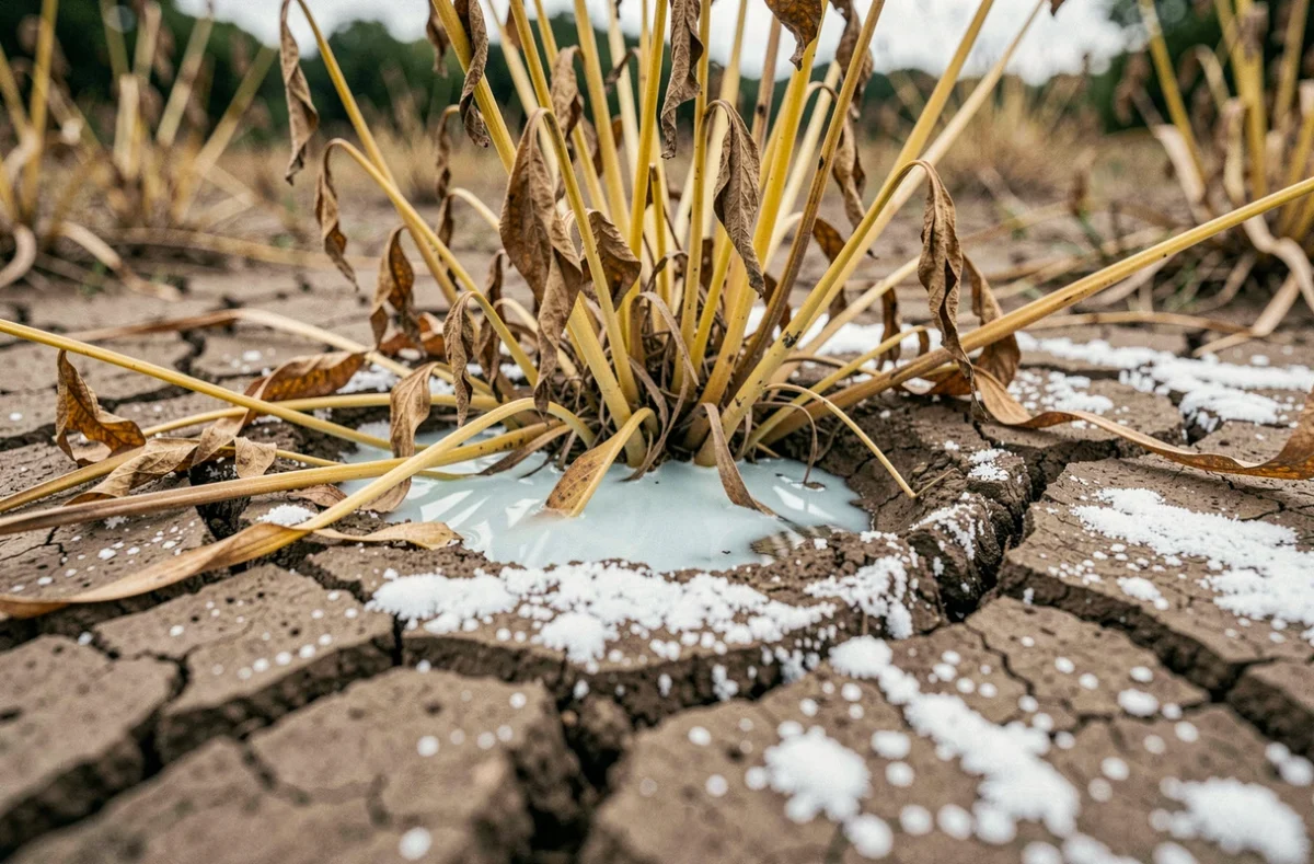 Mauvaises herbes mortes et résidu cristallin blanc sur sol argileux fissuré après application d'un produit chimique, symbolisant les dangers cachés du désherbage à l'AdBlue