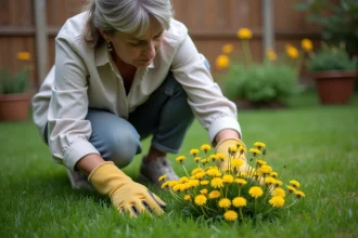 Femme inspectant des mauvaises herbes résistantes dans une pelouse envahie par le pissenlit et le trèfle
