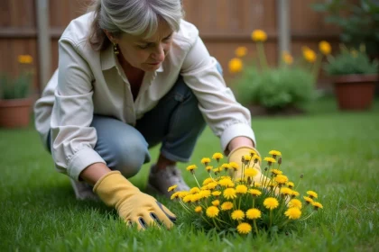 Femme inspectant des mauvaises herbes résistantes dans une pelouse envahie par le pissenlit et le trèfle
