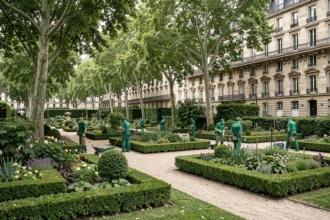 Vue panoramique d'un parc urbain parisien avec des jardiniers paysagistes au travail, bordé de bâtiments haussmanniens