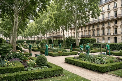 Vue panoramique d'un parc urbain parisien avec des jardiniers paysagistes au travail, bordé de bâtiments haussmanniens