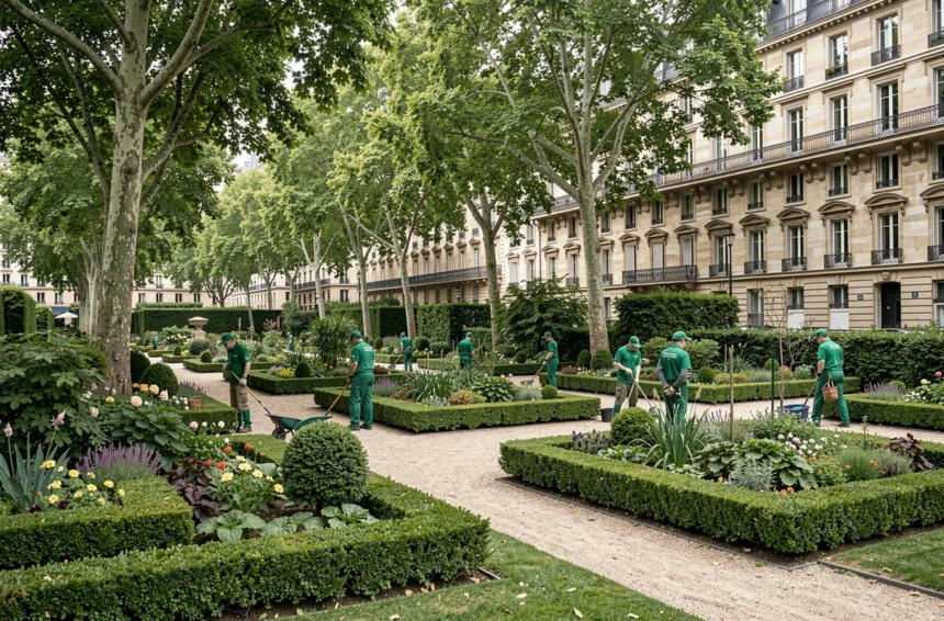 Vue panoramique d'un parc urbain parisien avec des jardiniers paysagistes au travail, bordé de bâtiments haussmanniens