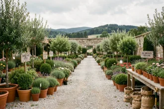 Vue panoramique d'une pépinière du Grand Est avec des allées de plantes en pot, arbustes et arbres ornementaux dans un cadre naturel régional