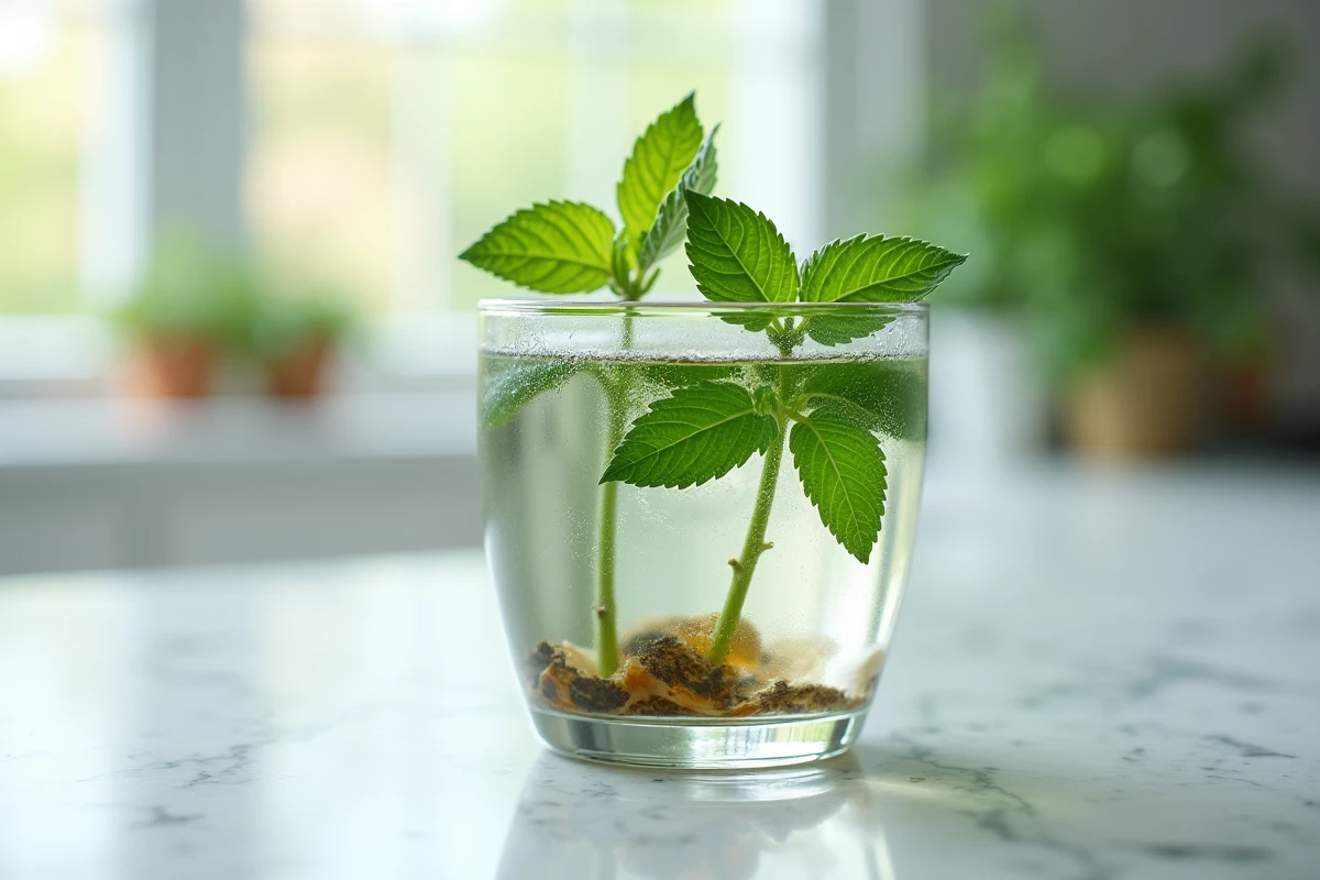 Tiges de menthe dans un verre d'eau avec feuilles inférieures noircissant sur comptoir en marbre