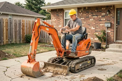 Particulier utilisant une mini pelle de location sur un chantier de jardin résidentiel