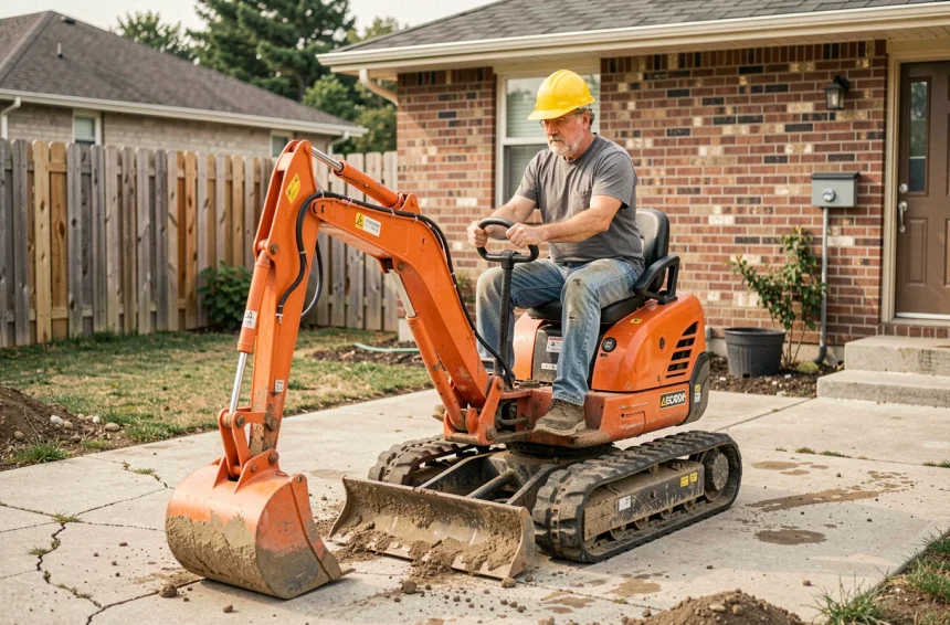 Particulier utilisant une mini pelle de location sur un chantier de jardin résidentiel