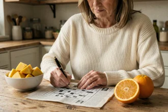 Femme faisant des mots croisés avec des fruits en J comme référence sur une table en bois rustique