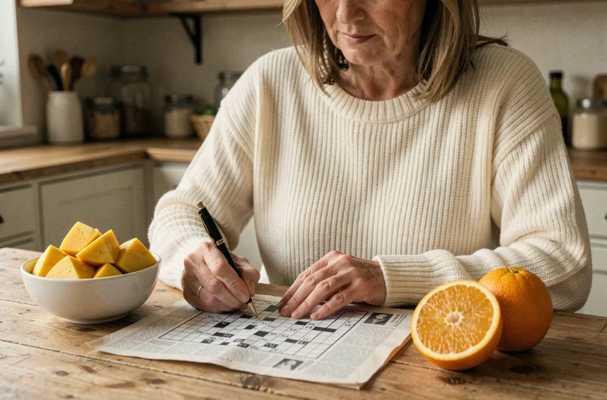 Femme faisant des mots croisés avec des fruits en J comme référence sur une table en bois rustique