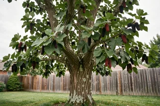 Mûrier platane adulte avec ses fruits violets et ses grandes feuilles palmées dans un jardin résidentiel