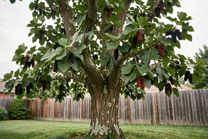 Mûrier platane adulte avec ses fruits violets et ses grandes feuilles palmées dans un jardin résidentiel