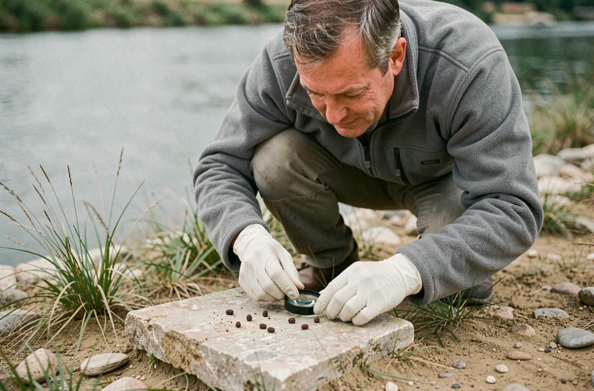 Chercheur naturaliste examinant des crottes d'animal sur un rocher calcaire au bord de la Loire avec une loupe