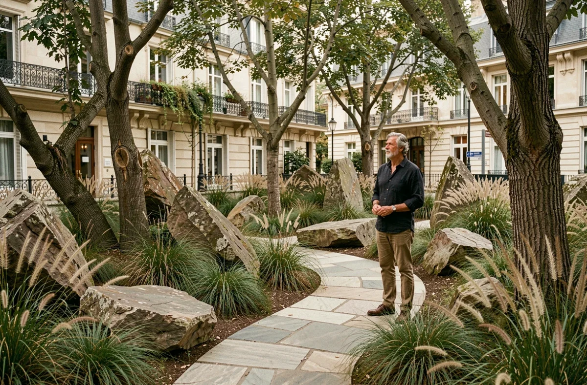 Jardin contemporain conçu par Nicolas Gilsoul Architecture, avec des plantations naturalistes et des pierres sculptées à Paris
