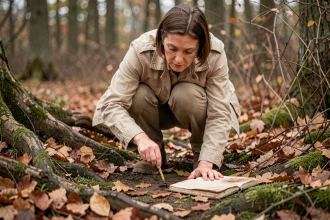 Naturaliste accroupie en forêt examinant une crotte de hérisson sur le sol couvert de feuilles mortes en automne
