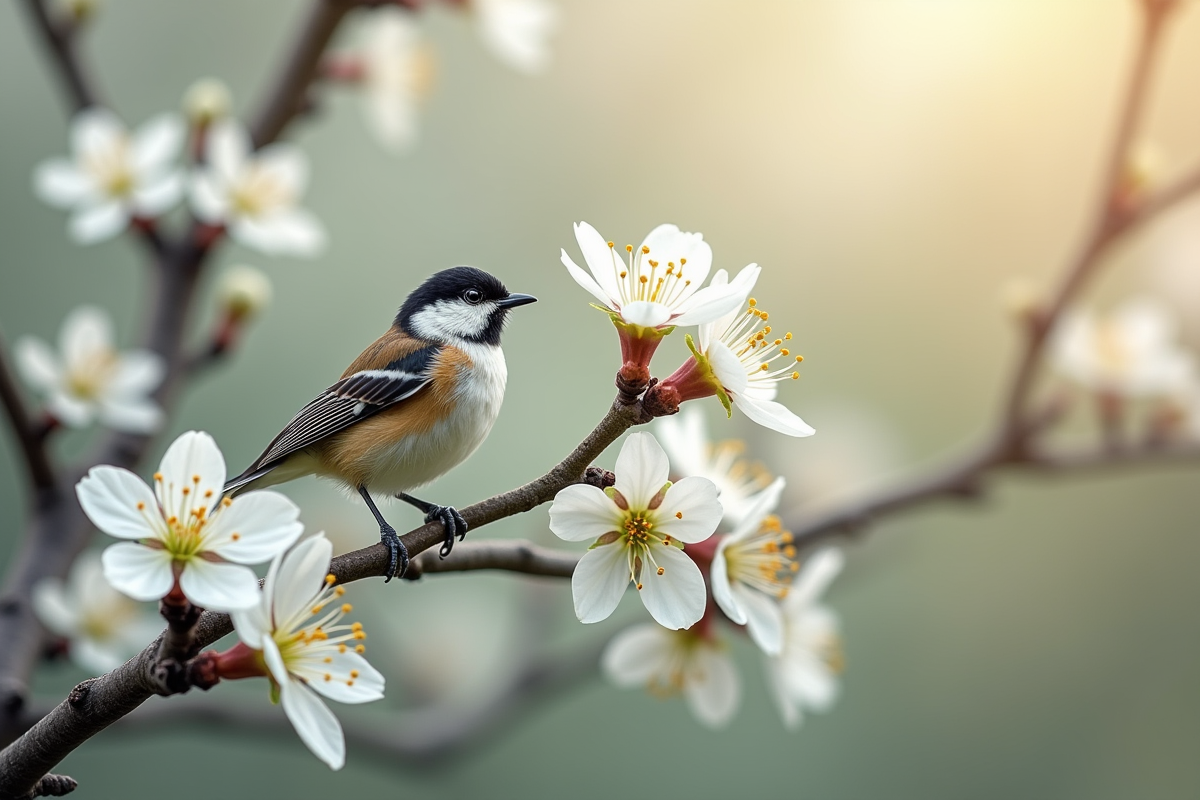 Petit oiseau perché sur une branche en fleurs blanches