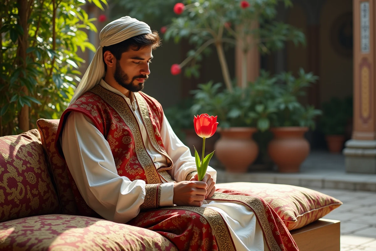 Jeune homme ottoman tenant une tulipe dans un patio