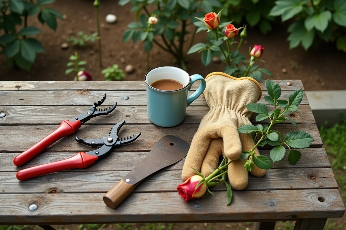 Outils de taille du rosier posés sur une table de jardin en été avec des tiges coupées