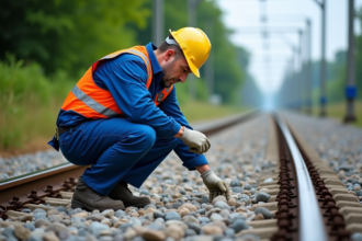 Ouvrier ferroviaire examine ballast en extérieur