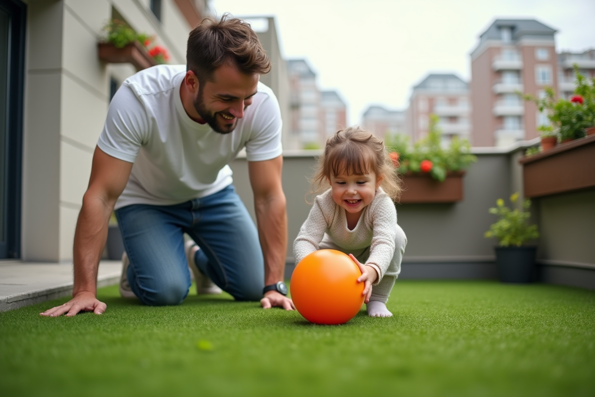 Père jouant avec sa fille sur un gazon artificiel en balcon