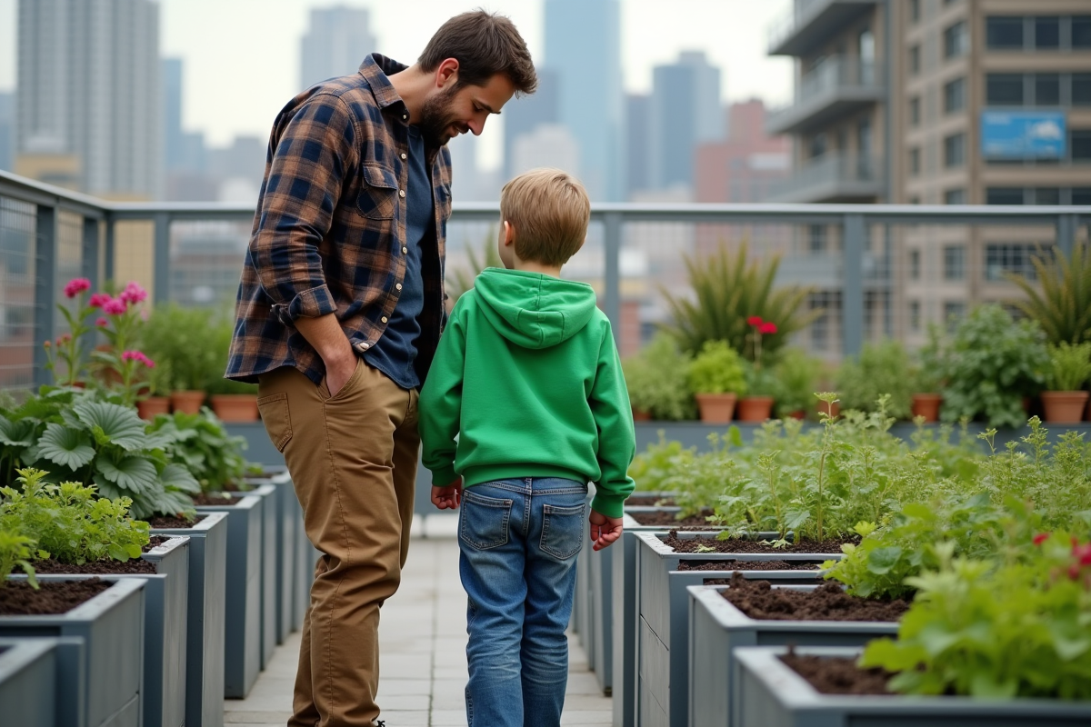 Père et fils examinent des plants dans un jardin urbain