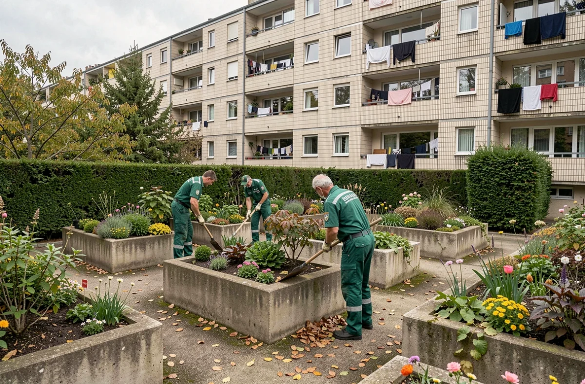 Équipe de la direction des espaces verts de Paris Habitat entretenant les jardins d'une résidence sociale parisienne