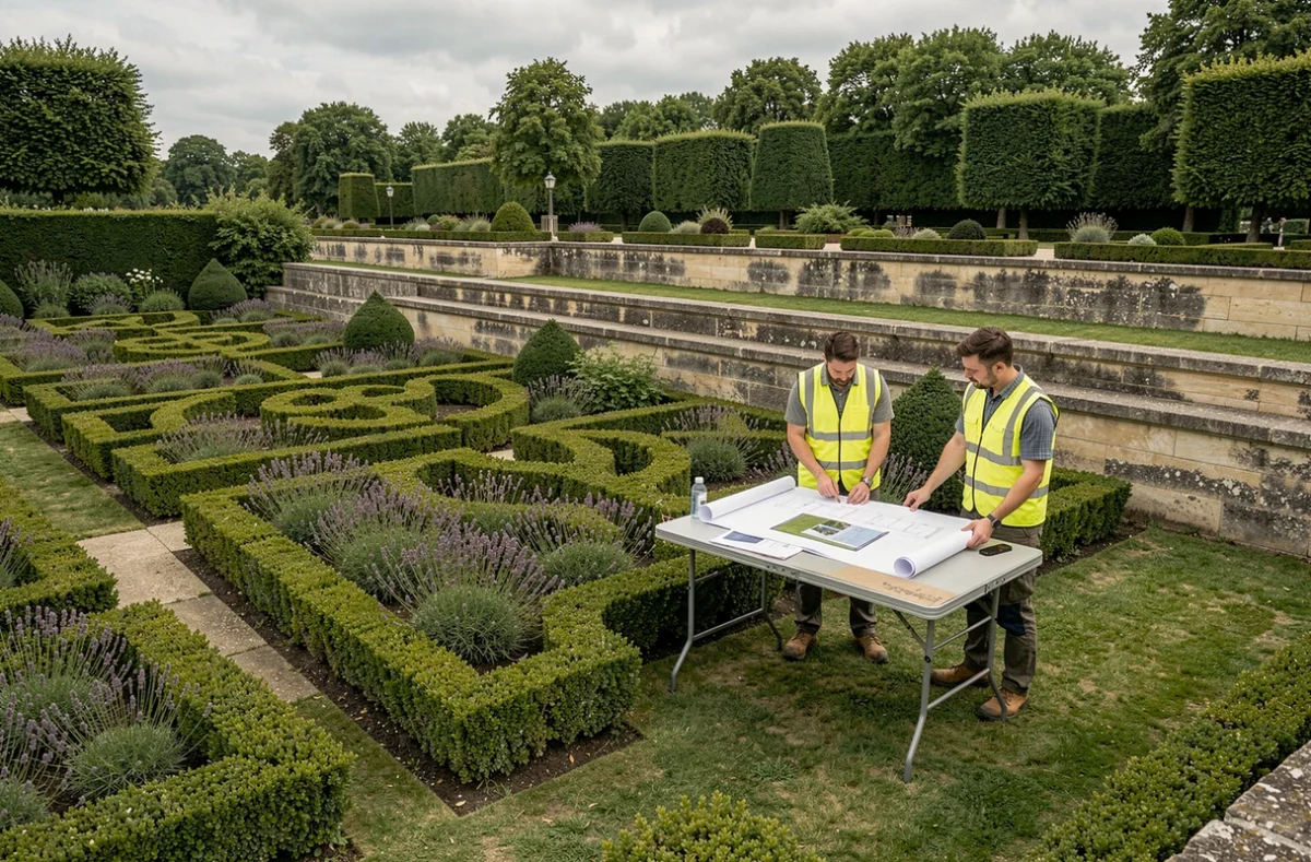 Équipe de Paysages Développement supervisant la création de jardins formels à la française en région parisienne