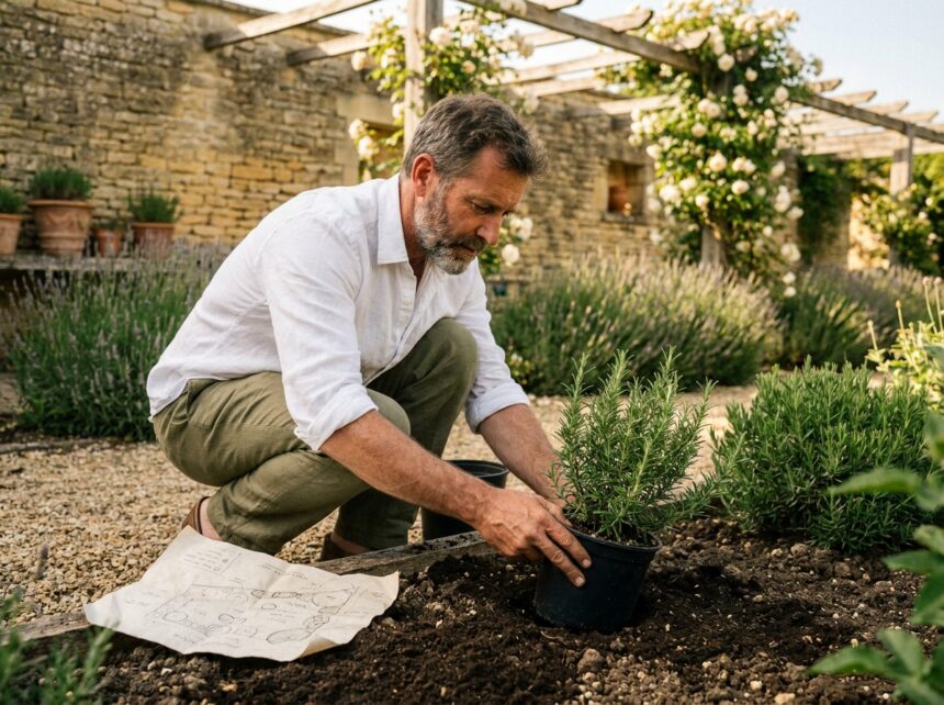 Paysagiste à Bordeaux installant des plantes méditerranéennes dans un jardin en pierre avec pergola en bois