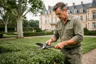 Paysagiste professionnel taillant une haie de buis dans un jardin de château en Centre-Val de Loire