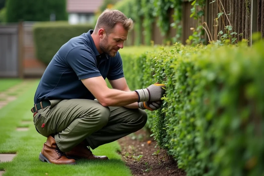 Paysagiste en train de tailler une haie dans un jardin résidentiel, illustrant le métier et le salaire d'un paysagiste