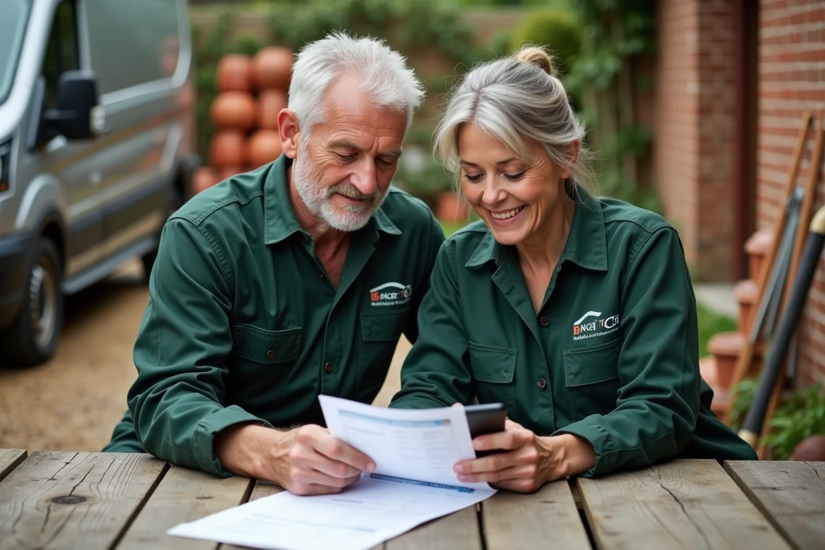 Deux paysagistes consultant une facture et discutant de leur salaire pendant une pause dans la cour d'une entreprise de jardinage
